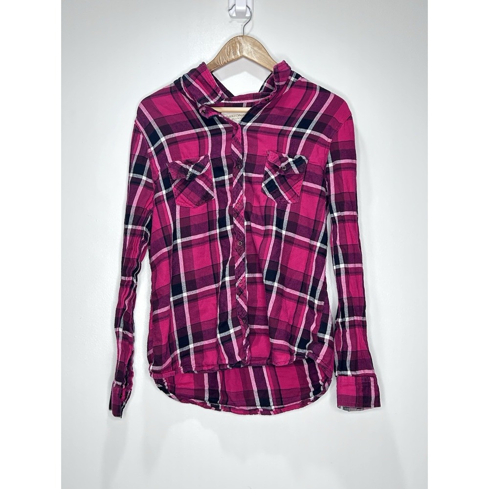 Arizona Jean Co Womens Plaid Flannel Shirt Magenta Plaid Boyfriend Fit Large
